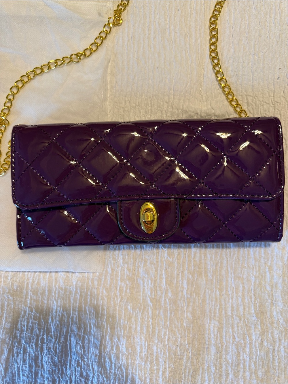 Source Unknown Patent Quilted Purple Chain Clutch